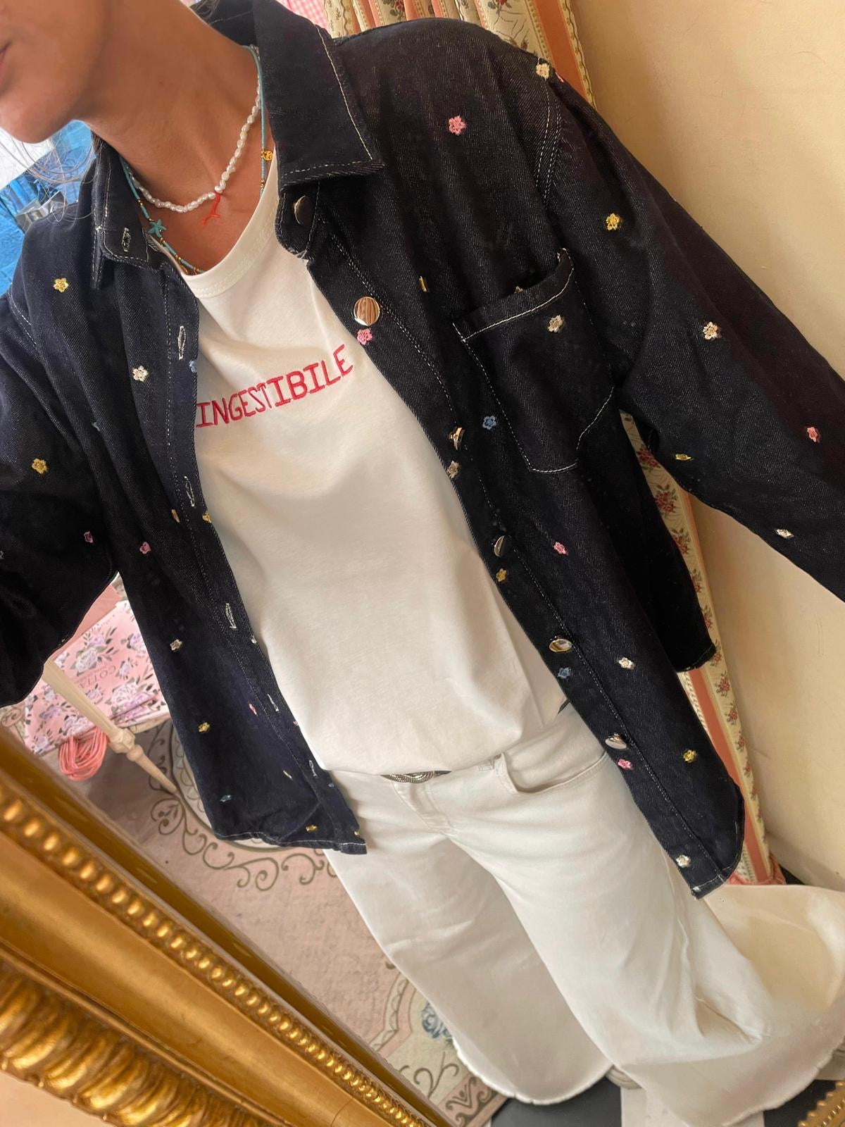 Camicia jeans ricamata blu