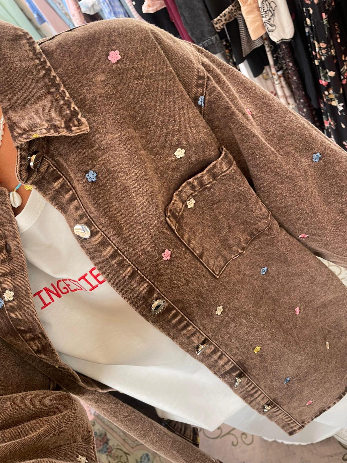 Camicia jeans ricamata cioccolato