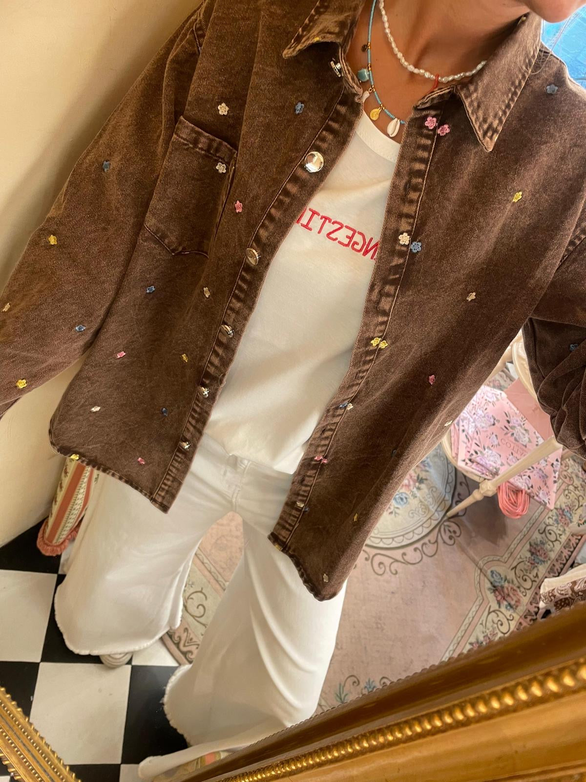Camicia jeans ricamata cioccolato